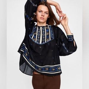 Zara Black Bohemian Embroidered Balloon Sleeve Blouse
